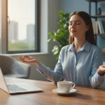 Persona che fa una pausa rigenerante durante la giornata di lavoro con tecniche di rilassamento in ufficio