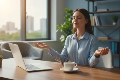 Persona che fa una pausa rigenerante durante la giornata di lavoro con tecniche di rilassamento in ufficio
