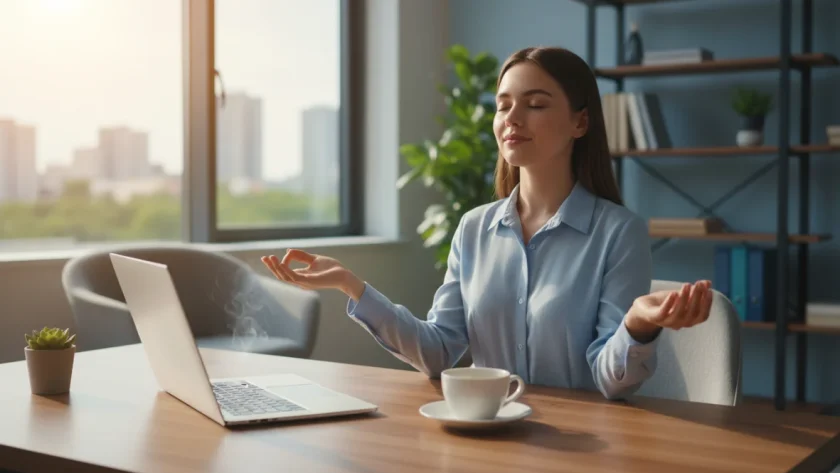 Persona che fa una pausa rigenerante durante la giornata di lavoro con tecniche di rilassamento in ufficio