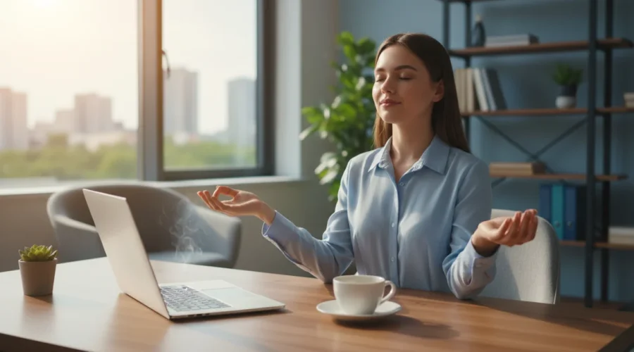 Persona che fa una pausa rigenerante durante la giornata di lavoro con tecniche di rilassamento in ufficio