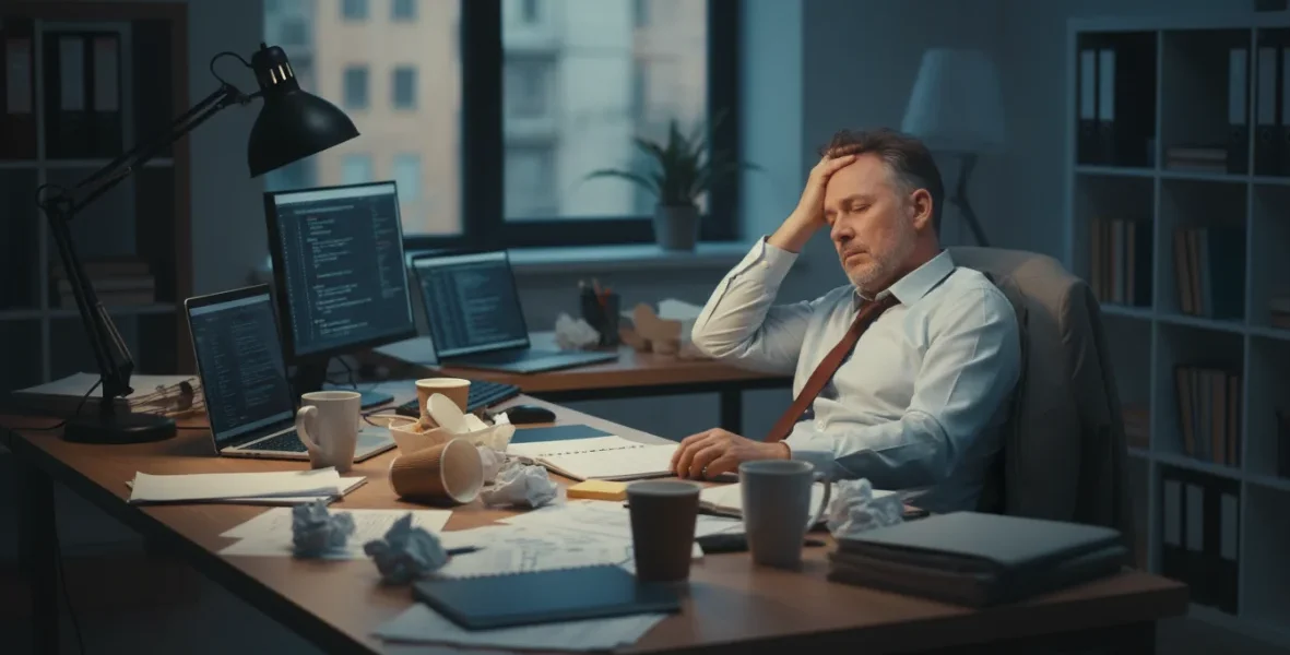 Lavoratore affaticato al desk circondato da carte e caffè, simbolo di burnout lavoro e esaurimento professionale