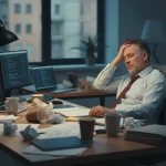 Lavoratore affaticato al desk circondato da carte e caffè, simbolo di burnout lavoro e esaurimento professionale