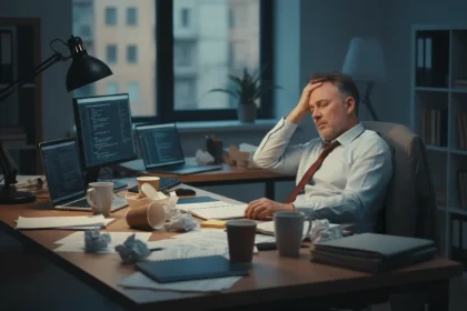 Lavoratore affaticato al desk circondato da carte e caffè, simbolo di burnout lavoro e esaurimento professionale