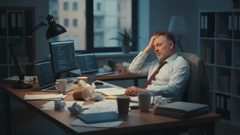 Lavoratore affaticato al desk circondato da carte e caffè, simbolo di burnout lavoro e esaurimento professionale