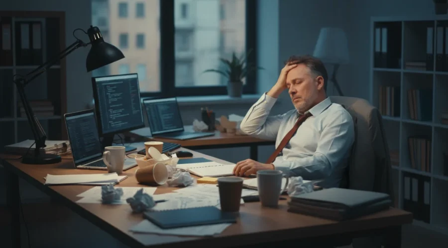 Lavoratore affaticato al desk circondato da carte e caffè, simbolo di burnout lavoro e esaurimento professionale