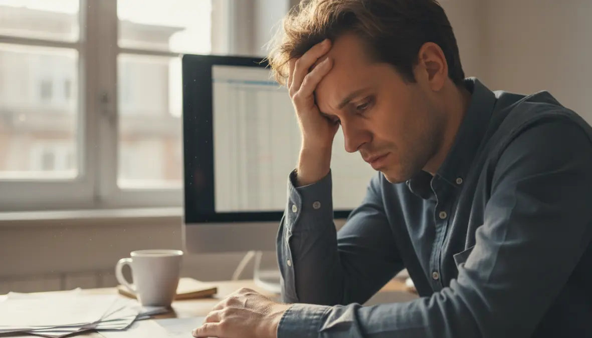 Persona che mostra sintomi di burnout con affaticamento emotivo e stress lavoro