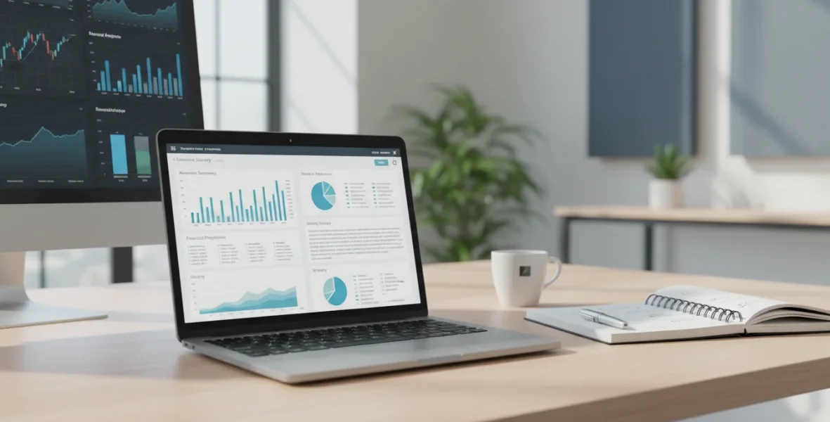 Business plan come fare: scrivania con laptop che mostra template business plan e grafici finanziari