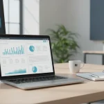 Business plan come fare: scrivania con laptop che mostra template business plan e grafici finanziari