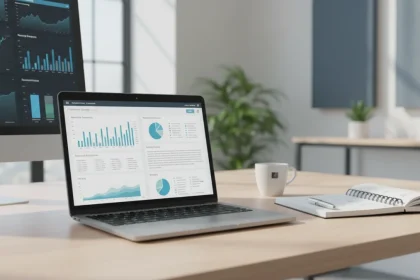 Business plan come fare: scrivania con laptop che mostra template business plan e grafici finanziari