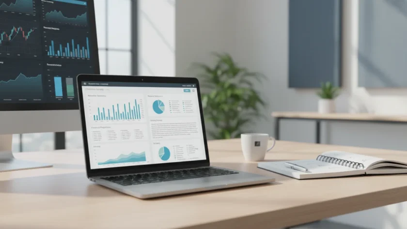 Business plan come fare: scrivania con laptop che mostra template business plan e grafici finanziari
