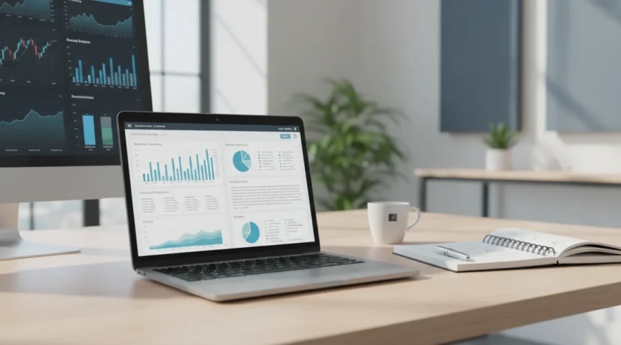 Business plan come fare: scrivania con laptop che mostra template business plan e grafici finanziari