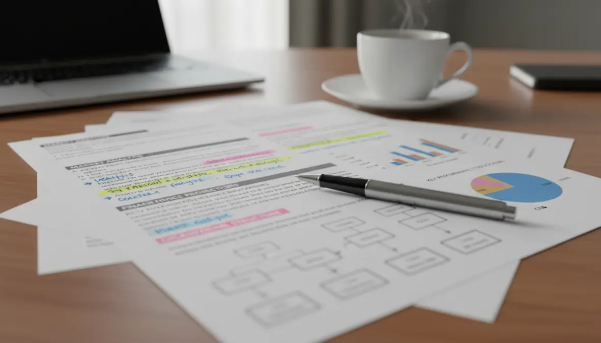 Documento di business plan struttura completa con sezioni evidenziate e analisi dettagliata