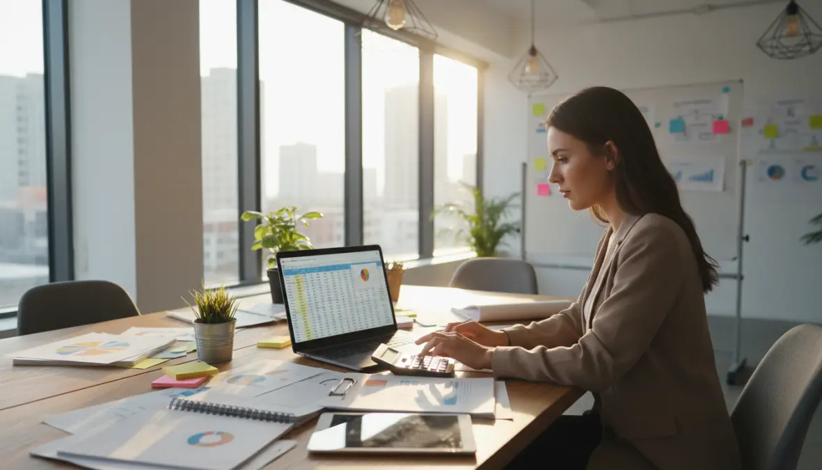 Business plan finanziario: imprenditore che crea previsioni finanziarie e piano aziendale