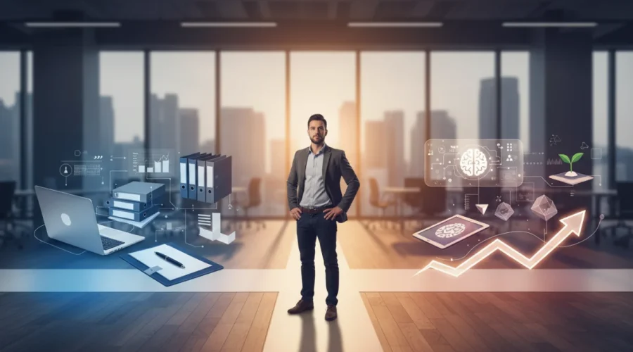 Cambio carriera come fare: persona consapevole affronta una transizione professionale verso un nuovo percorso lavorativo