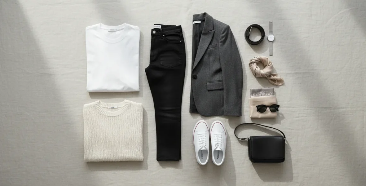 Capsule wardrobe minimalista con capi base neutri di qualità, esempio di guardaroba essenziale e multifunzionale