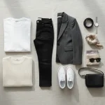 Capsule wardrobe minimalista con capi base neutri di qualità, esempio di guardaroba essenziale e multifunzionale