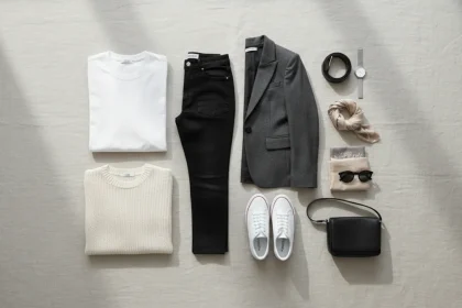 Capsule wardrobe minimalista con capi base neutri di qualità, esempio di guardaroba essenziale e multifunzionale