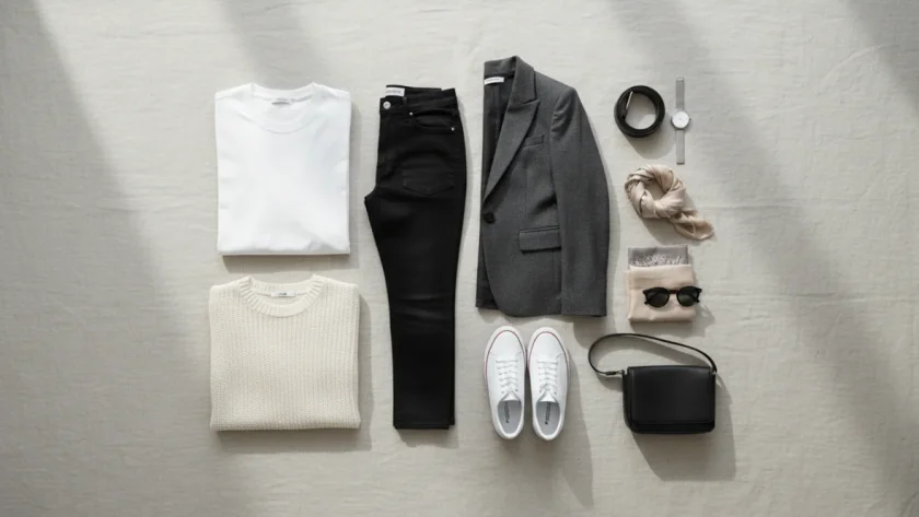 Capsule wardrobe minimalista con capi base neutri di qualità, esempio di guardaroba essenziale e multifunzionale