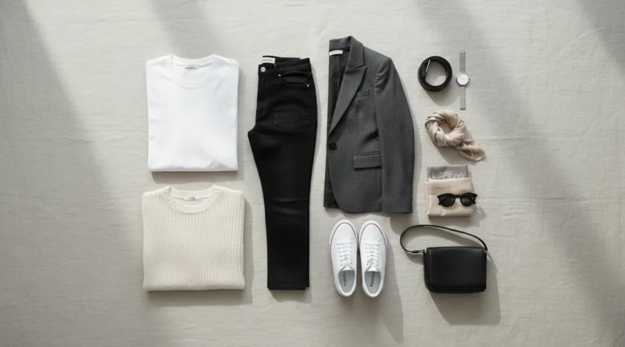 Capsule wardrobe minimalista con capi base neutri di qualità, esempio di guardaroba essenziale e multifunzionale