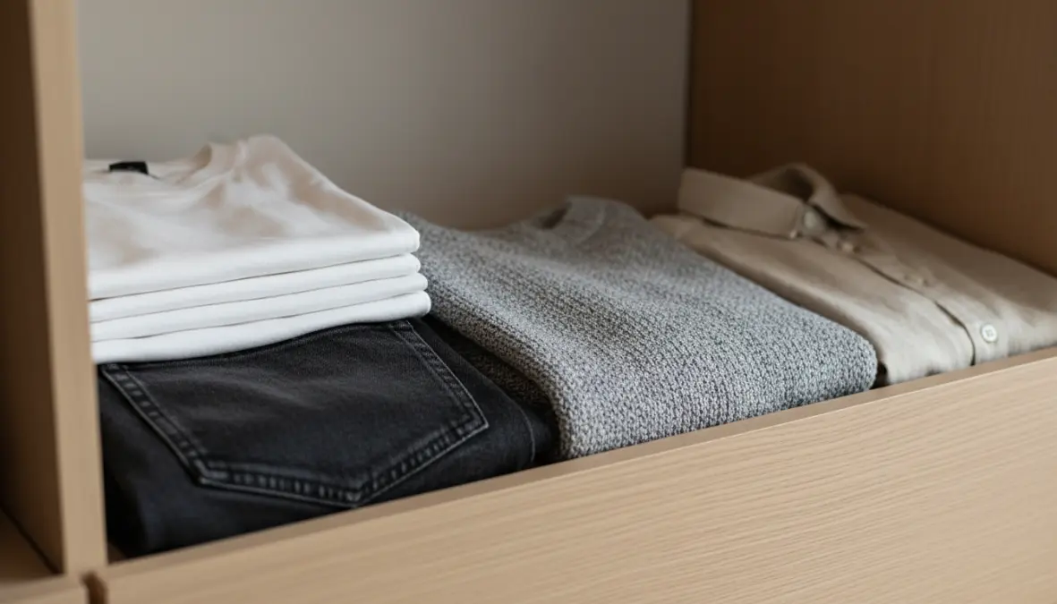 Capi base di una capsule wardrobe minimalista organizzati ordinatamente per un guardaroba essenziale