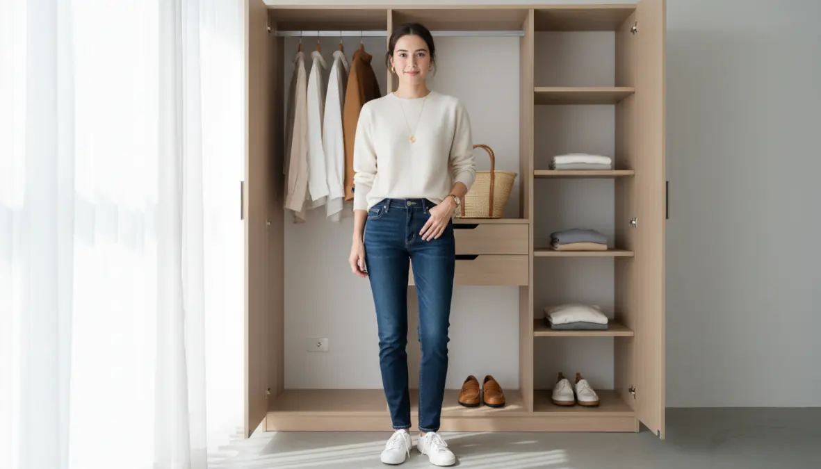Donna con stile minimalista mostra come coordinare i pezzi base di una capsule wardrobe per outfit versatili
