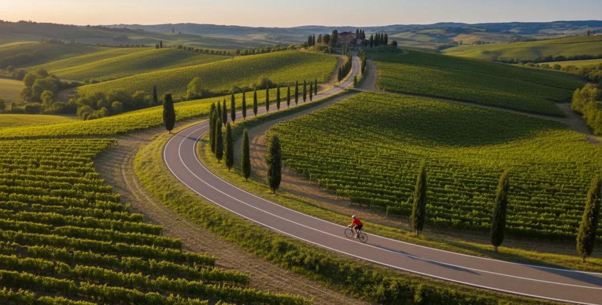 Ciclovie Italia: ciclista pedala su pista cicloturistico attraverso paesaggio toscano con colline verdi e vigneti