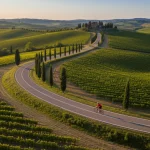Ciclovie Italia: ciclista pedala su pista cicloturistico attraverso paesaggio toscano con colline verdi e vigneti