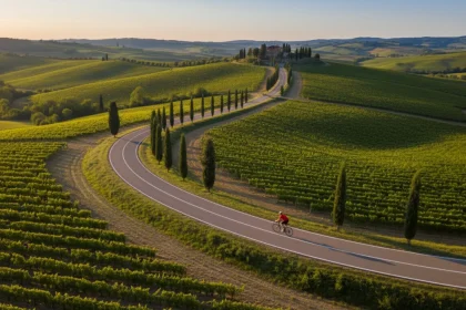 Ciclovie Italia: ciclista pedala su pista cicloturistico attraverso paesaggio toscano con colline verdi e vigneti