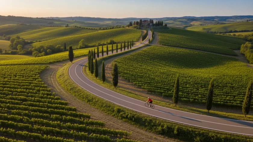 Ciclovie Italia: ciclista pedala su pista cicloturistico attraverso paesaggio toscano con colline verdi e vigneti