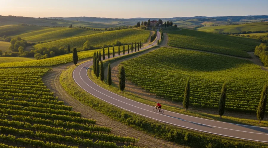 Ciclovie Italia: ciclista pedala su pista cicloturistico attraverso paesaggio toscano con colline verdi e vigneti