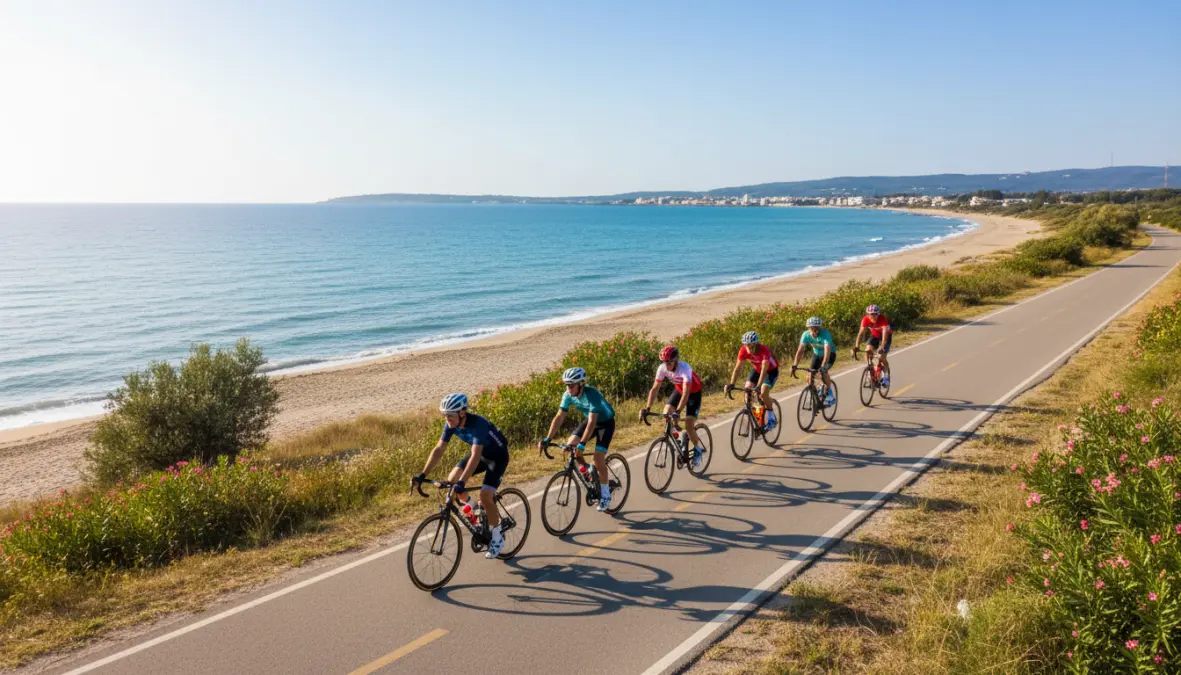 Ciclovie nazionali Italia: ciclisti pedalano sulla Ciclovia Adriatica con vista mare e paesaggio costiero