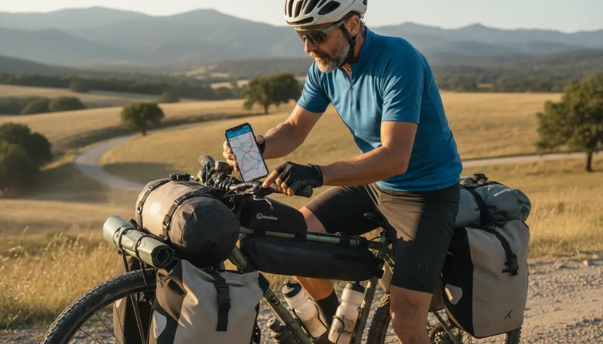 Pianificazione cicloturismo Italia: ciclista controlla mappa percorsi bici con smartphone e equipaggiamento di touring