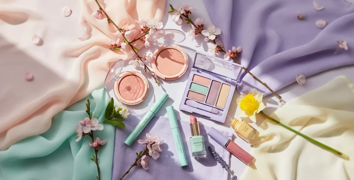 Palette colori tendenza primavera con trucchi e outfit coordinati in toni pastello e vivaci