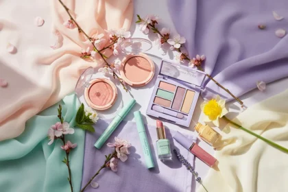 Palette colori tendenza primavera con trucchi e outfit coordinati in toni pastello e vivaci