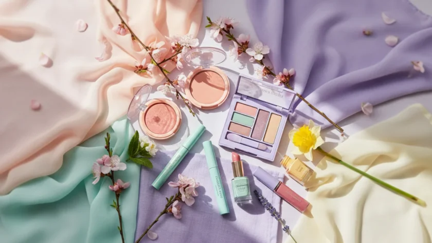 Palette colori tendenza primavera con trucchi e outfit coordinati in toni pastello e vivaci