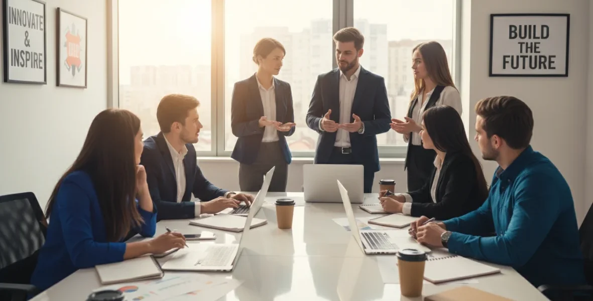 Startup come iniziare: team di imprenditori al lavoro su business plan e strategie imprenditoriali in ufficio moderno