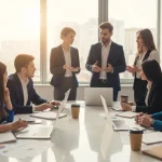 Startup come iniziare: team di imprenditori al lavoro su business plan e strategie imprenditoriali in ufficio moderno