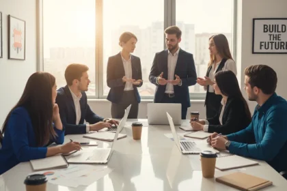 Startup come iniziare: team di imprenditori al lavoro su business plan e strategie imprenditoriali in ufficio moderno