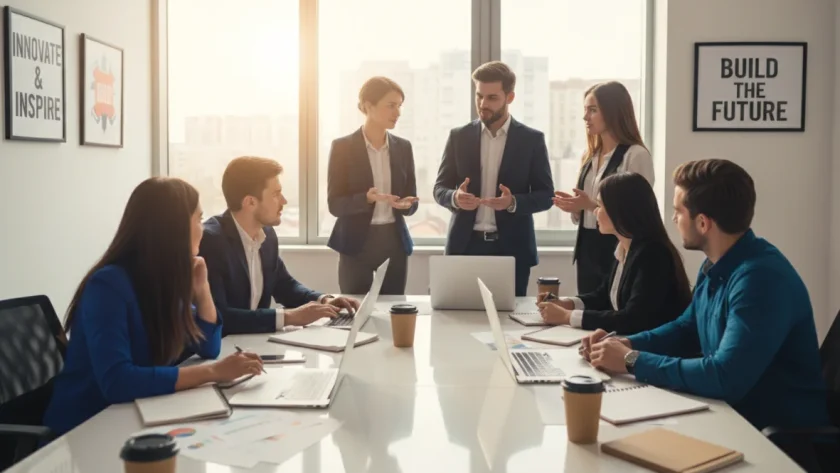 Startup come iniziare: team di imprenditori al lavoro su business plan e strategie imprenditoriali in ufficio moderno