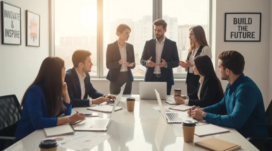Startup come iniziare: team di imprenditori al lavoro su business plan e strategie imprenditoriali in ufficio moderno