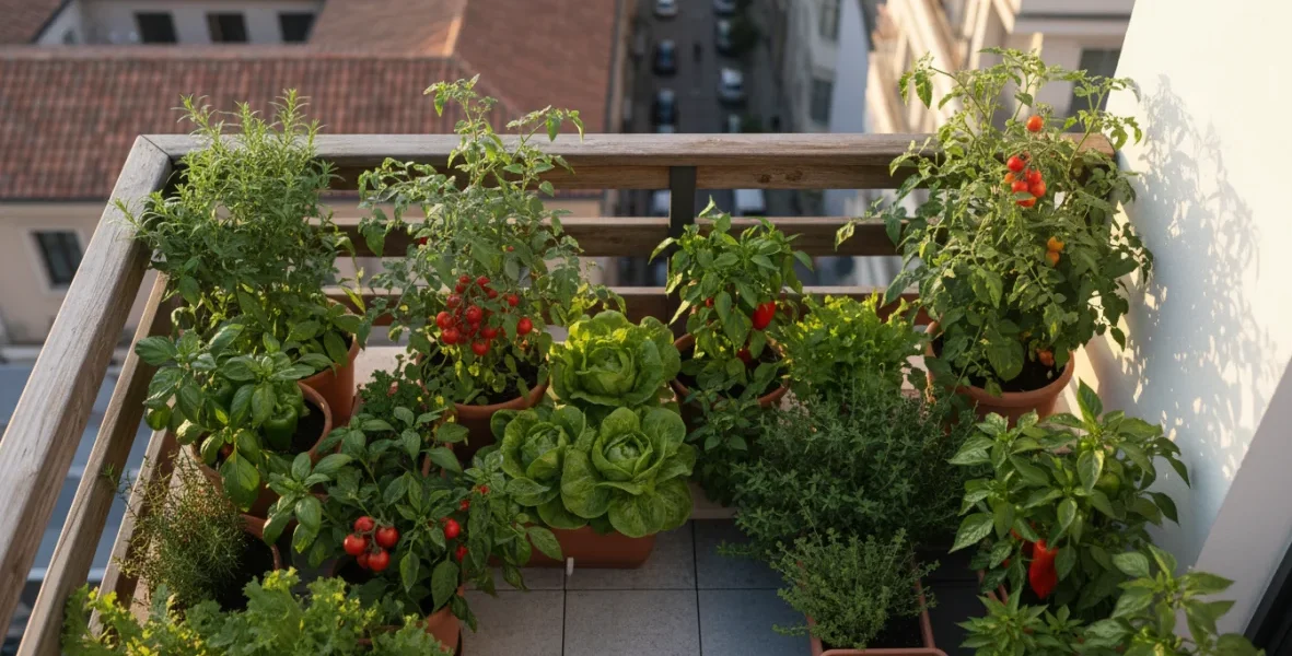 Orto in balcone con vasi di ortaggi freschi: pomodori ciliegia, basilico, insalata e erbe aromatiche coltivate in vaso su una terrazza soleggiate