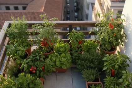Orto in balcone con vasi di ortaggi freschi: pomodori ciliegia, basilico, insalata e erbe aromatiche coltivate in vaso su una terrazza soleggiate