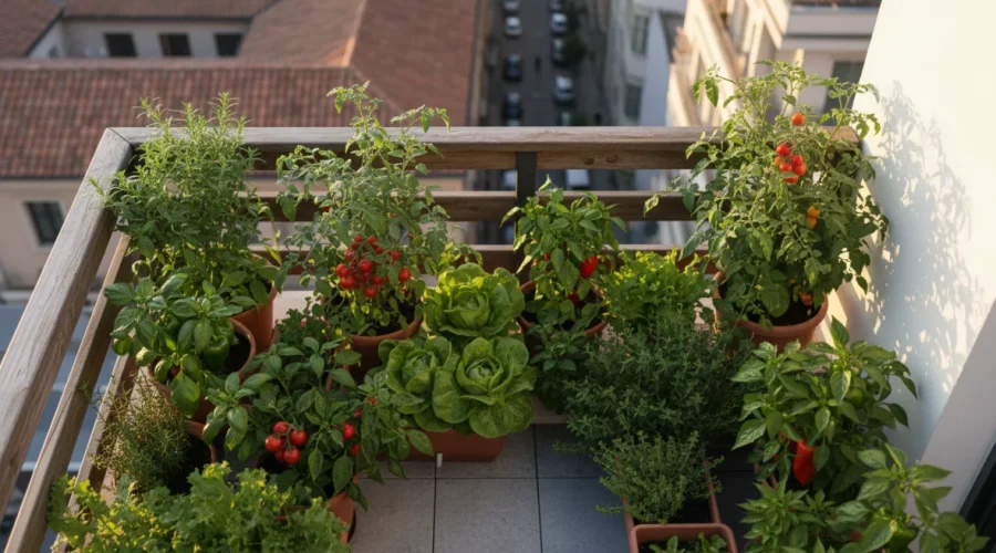 Orto in balcone con vasi di ortaggi freschi: pomodori ciliegia, basilico, insalata e erbe aromatiche coltivate in vaso su una terrazza soleggiate