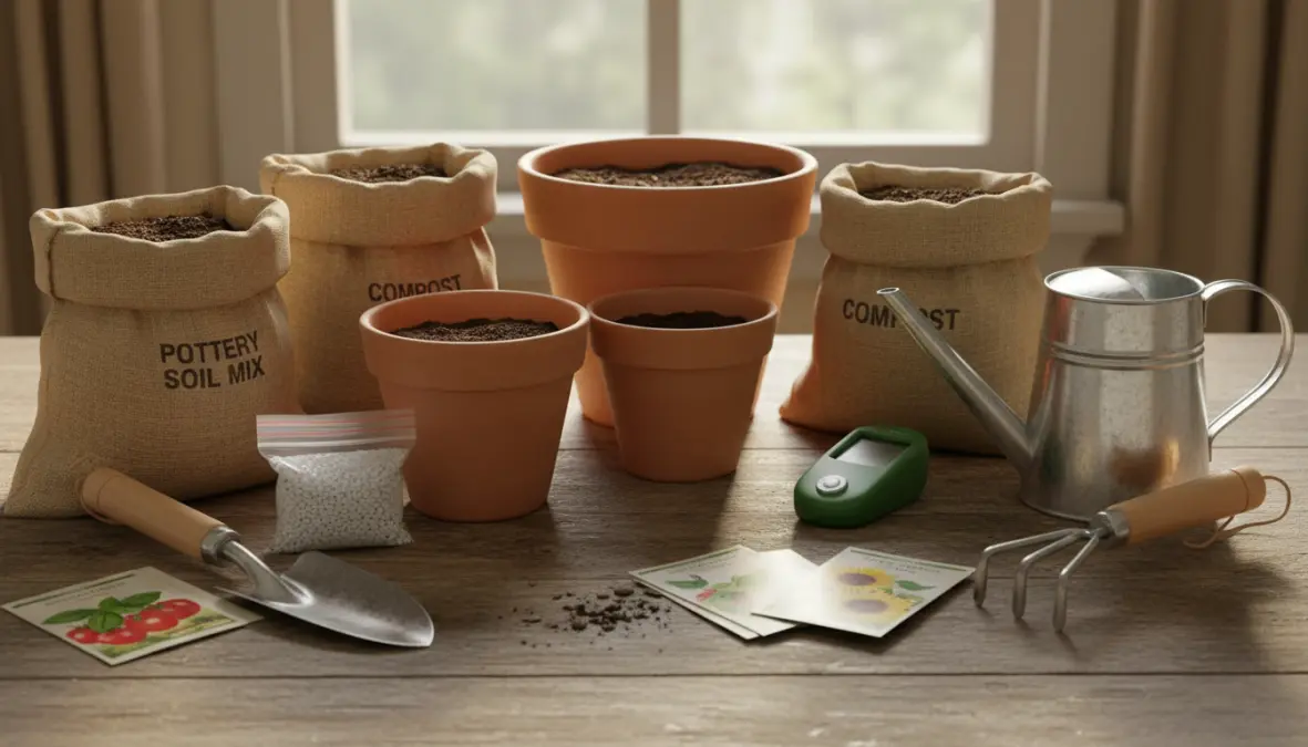 Vasi per ortaggi, terriccio e attrezzi per coltivare verdure in vaso sul balcone
