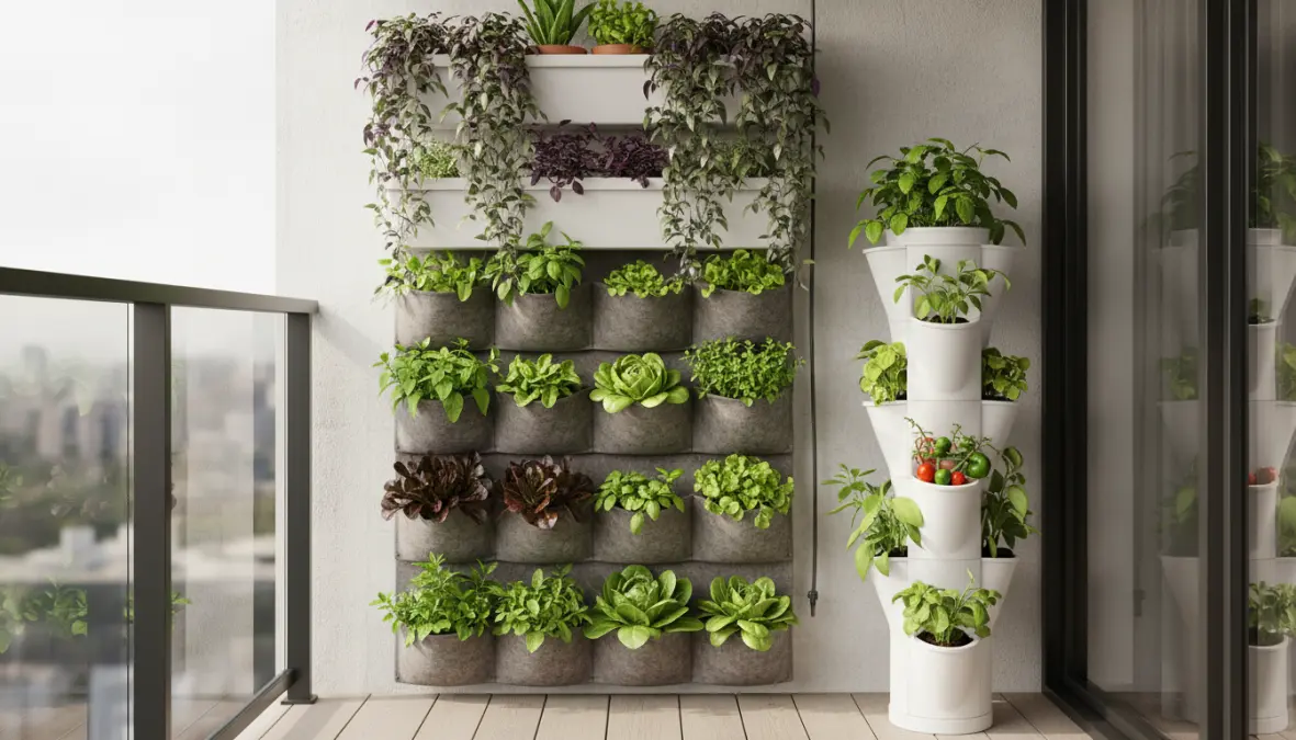 Orto verticale balcone con sistema di coltivazione in vaso su staffoni murali per massimizzare lo spazio