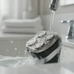 Rasoio elettrico sotto l'acqua durante la pulizia con dettagli visibili dei peli e della schiuma da barba, rappresenta come pulire rasoio elettrico correttamente