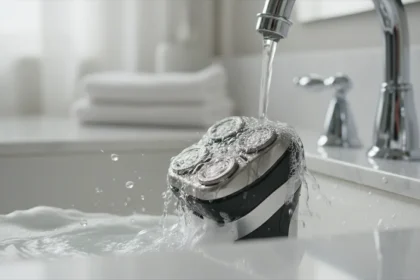 Rasoio elettrico sotto l'acqua durante la pulizia con dettagli visibili dei peli e della schiuma da barba, rappresenta come pulire rasoio elettrico correttamente