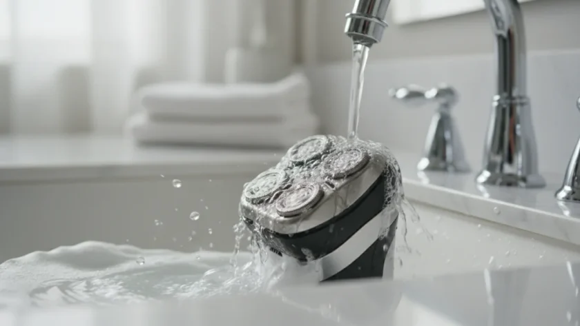 Rasoio elettrico sotto l'acqua durante la pulizia con dettagli visibili dei peli e della schiuma da barba, rappresenta come pulire rasoio elettrico correttamente