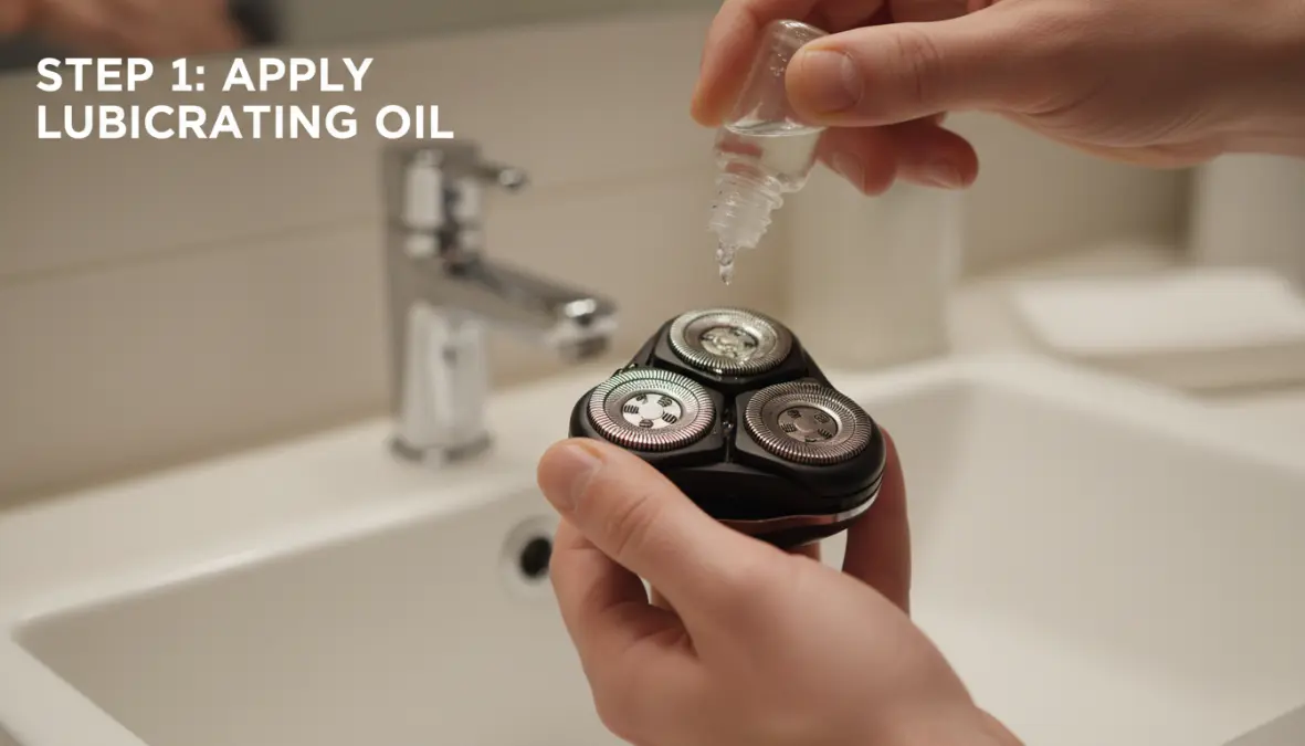 Applicazione corretta dell'olio lubrificante sulla testina del rasoio elettrico durante la manutenzione regolare