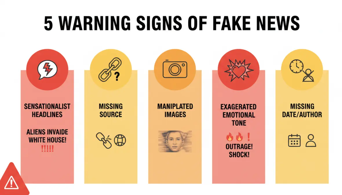 5 segnali pratici per identificare notizie false online: titoli clickbait, assenza di fonti, immagini manipolate, tono emotivo esagerato, mancanza di data e autore